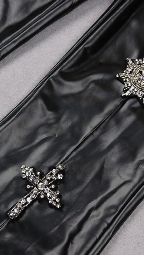 CRYSTAL EMBELLISHMENTS LEATHER TWO PIECE SUIT IN BLACK