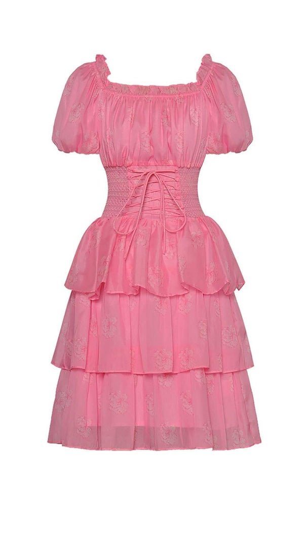 AIIZIE PUFF SLEEVE TIERED MIDI DRESS IN PINK - product image