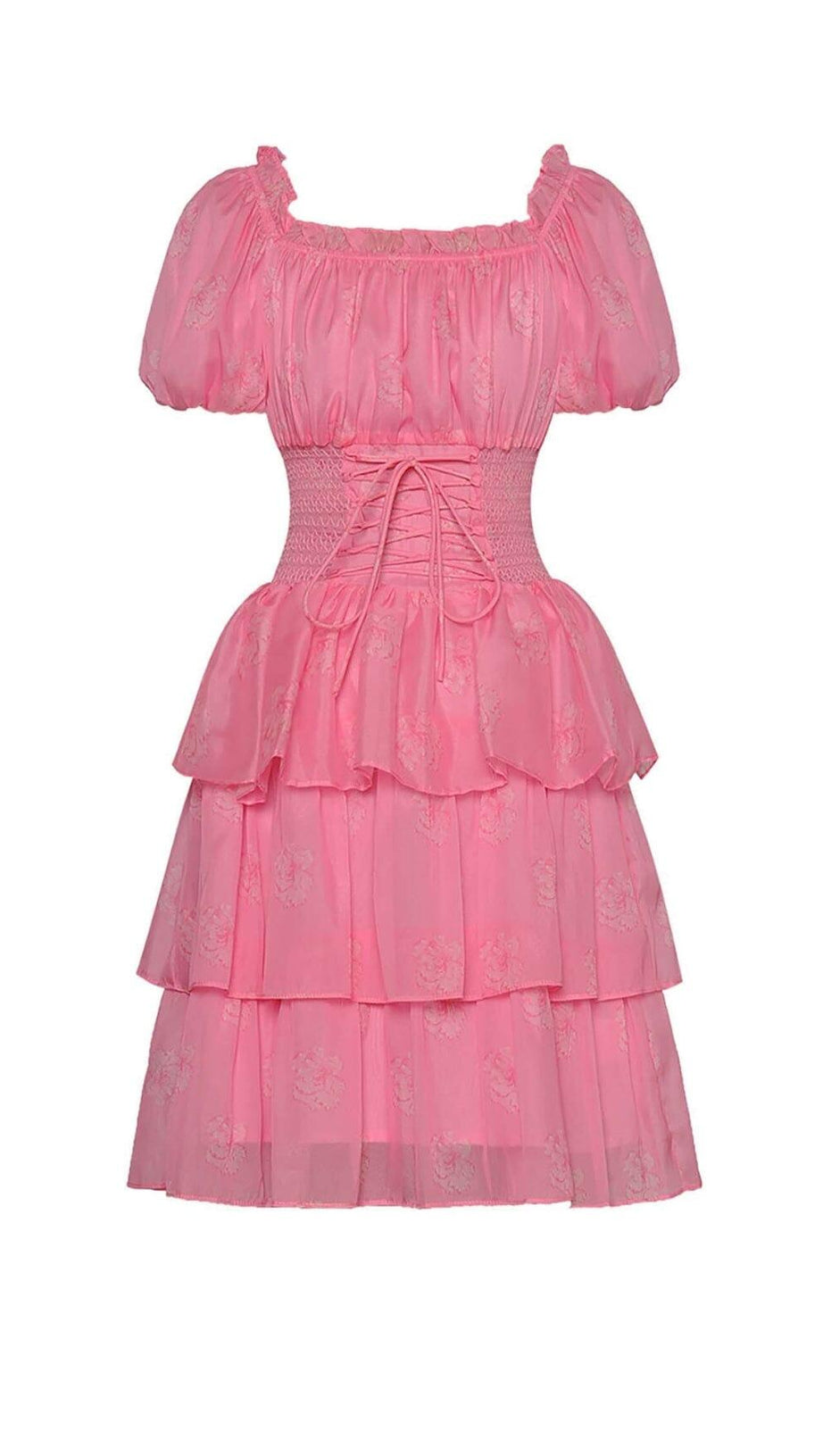 MIDIKLEID MIT PUFFÄRMELN UND STUFEN IN PINK