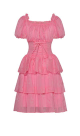 PUFF SLEEVE TIERED MIDI DRESS IN PINK