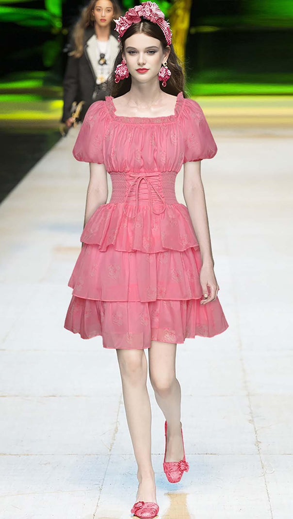 AIIZIE PUFF SLEEVE TIERED MIDI DRESS IN PINK - product image