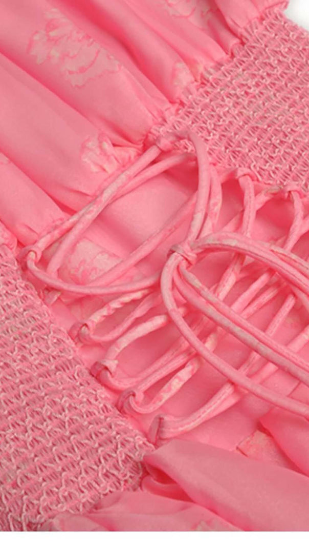 AIIZIE PUFF SLEEVE TIERED MIDI DRESS IN PINK - product image