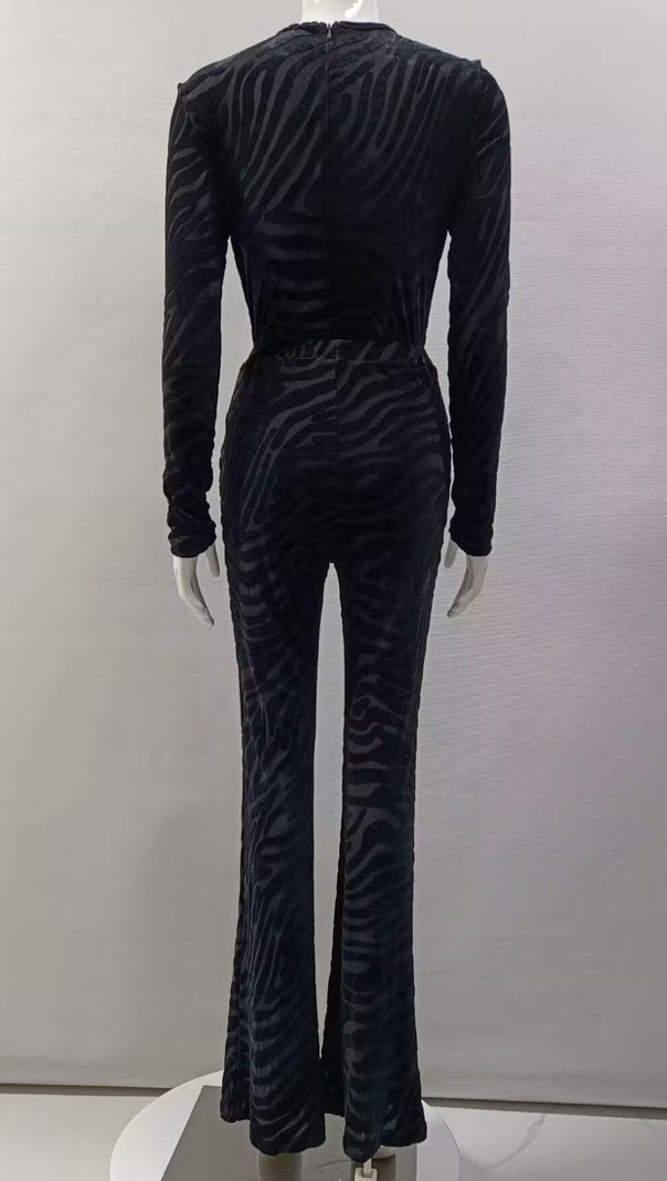 Zebra Print Sheer Carved Velvet Jumpsuit Set