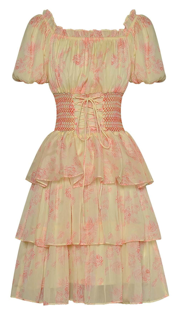 AIIZIE PUFF SLEEVE TIERED MIDI DRESS IN PINK - product image