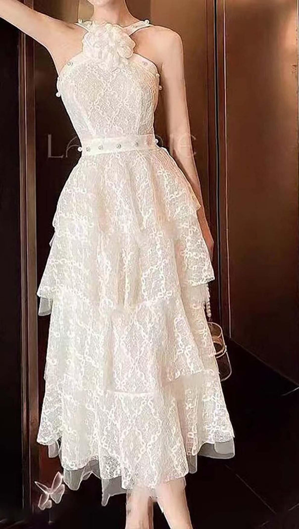 AIIZIE 3D FLORAL PEARL BUTTON RUFFLES MIDI DRESS IN WHITE - product image