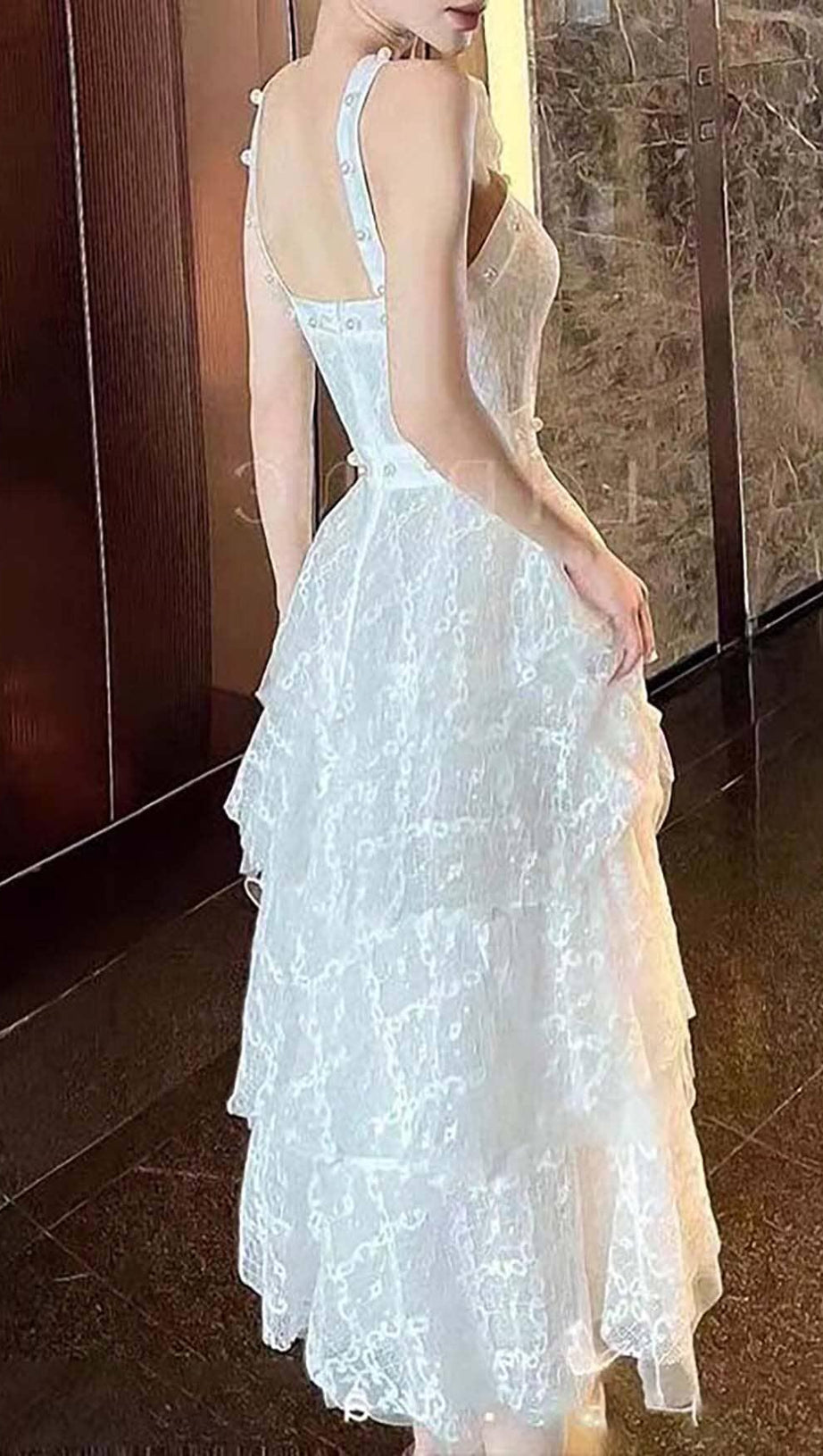 3D FLORAL PEARL BUTTON RUFFLES MIDI DRESS IN WHITE