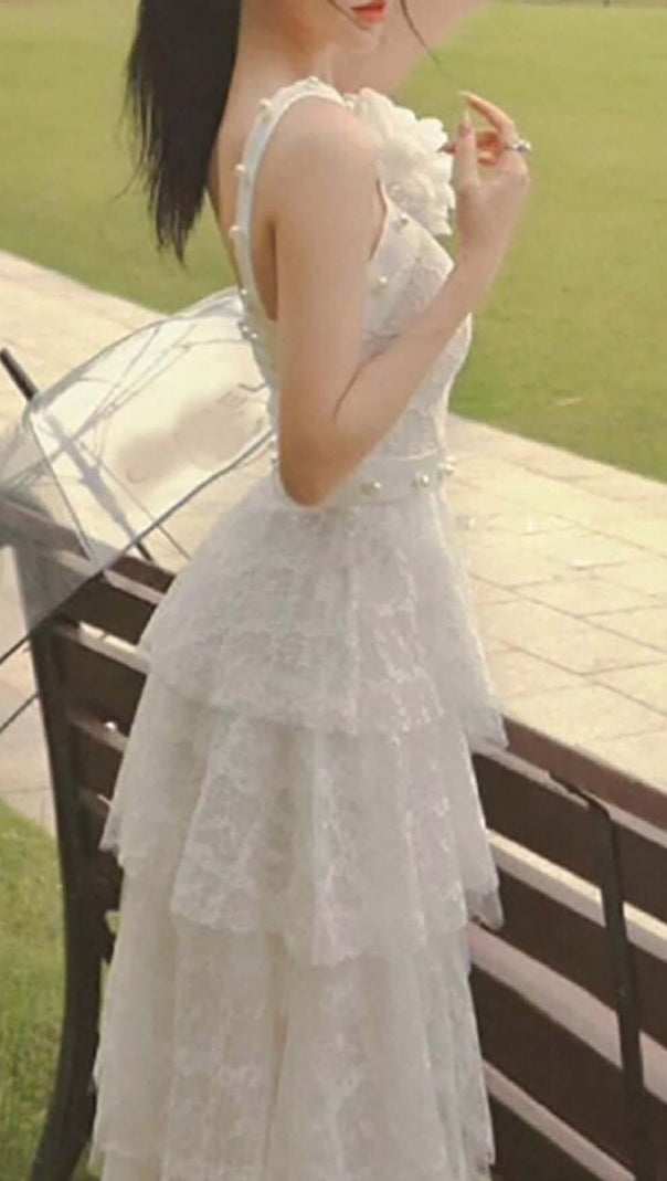 AIIZIE 3D FLORAL PEARL BUTTON RUFFLES MIDI DRESS IN WHITE - product image