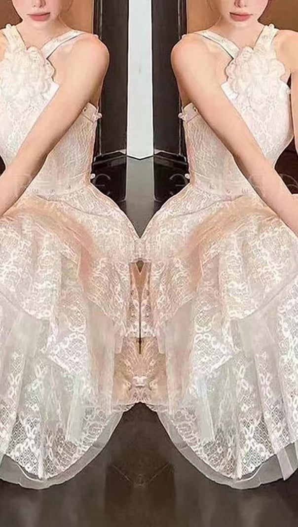 AIIZIE 3D FLORAL PEARL BUTTON RUFFLES MIDI DRESS IN WHITE - product image