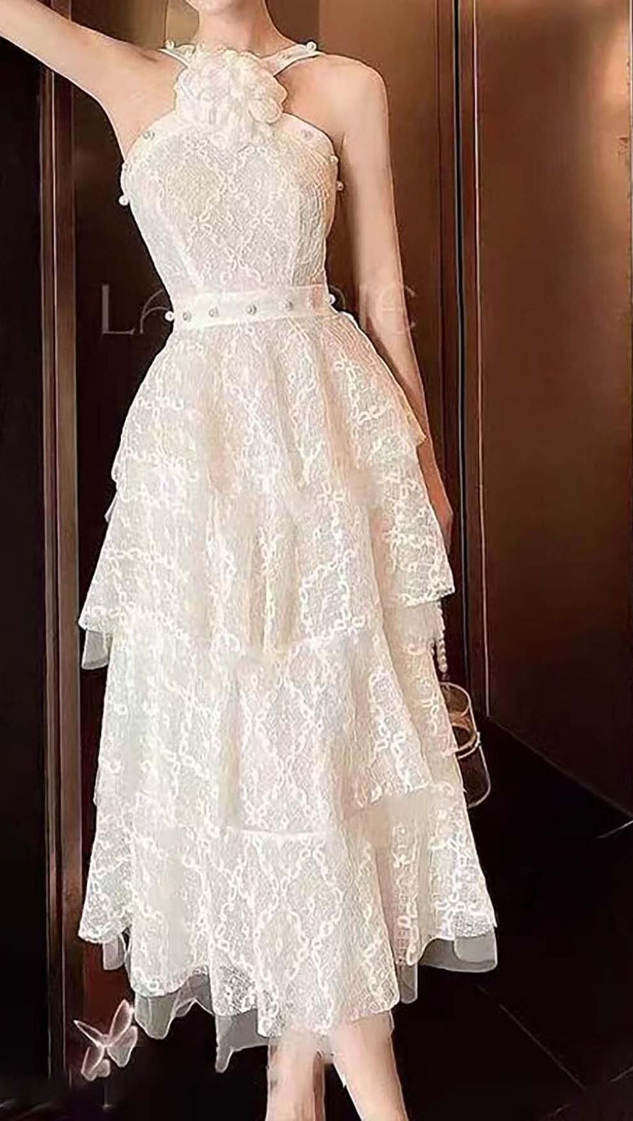 3D FLORAL PEARL BUTTON RUFFLES MIDI DRESS IN WHITE