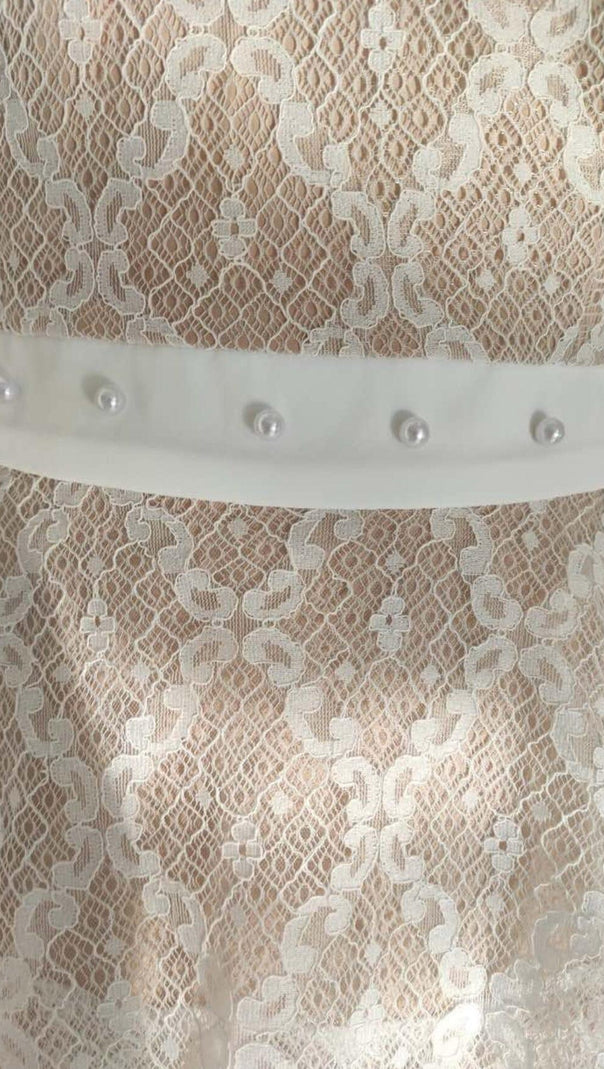 AIIZIE 3D FLORAL PEARL BUTTON RUFFLES MIDI DRESS IN WHITE - product image