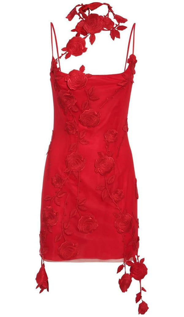 3D FLOWER SUSPENDER DRESS IN RED