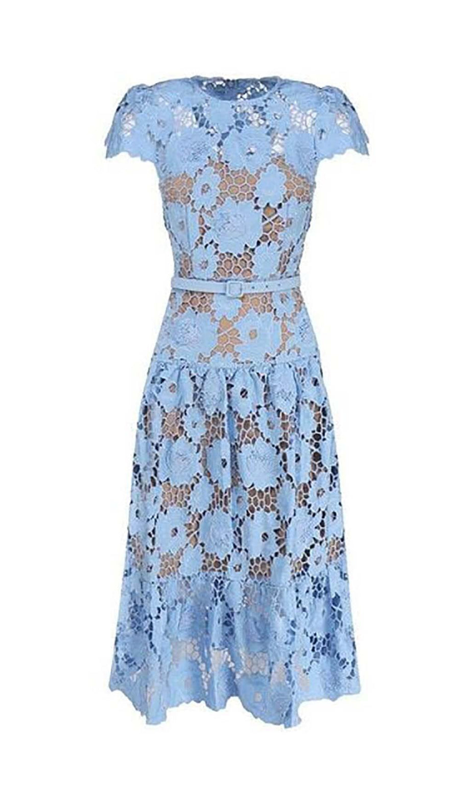 APPLIQUÉD FLORAL LACE MIDI DRESS IN BLUE