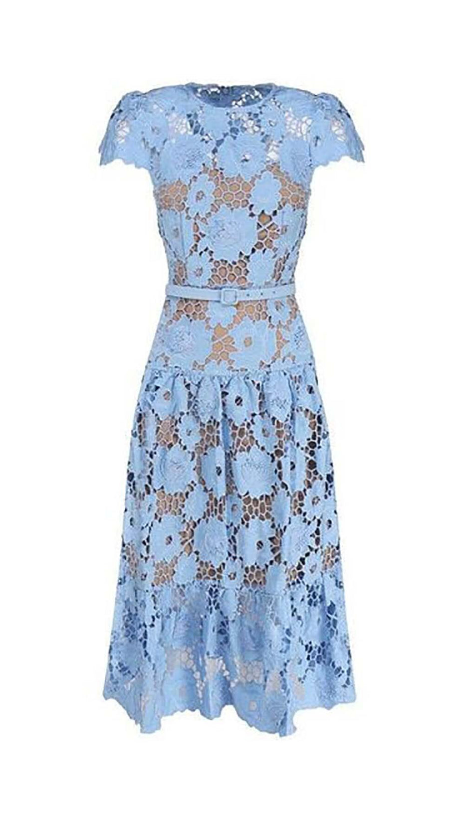 APPLIQUÉD FLORAL LACE MIDI DRESS IN BLUE