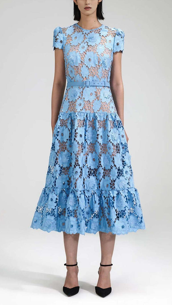 AIIZIE APPLIQUÉD FLORAL LACE MIDI DRESS IN BLUE - product image