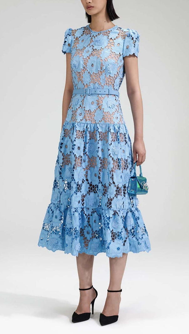 AIIZIE APPLIQUÉD FLORAL LACE MIDI DRESS IN BLUE - product image