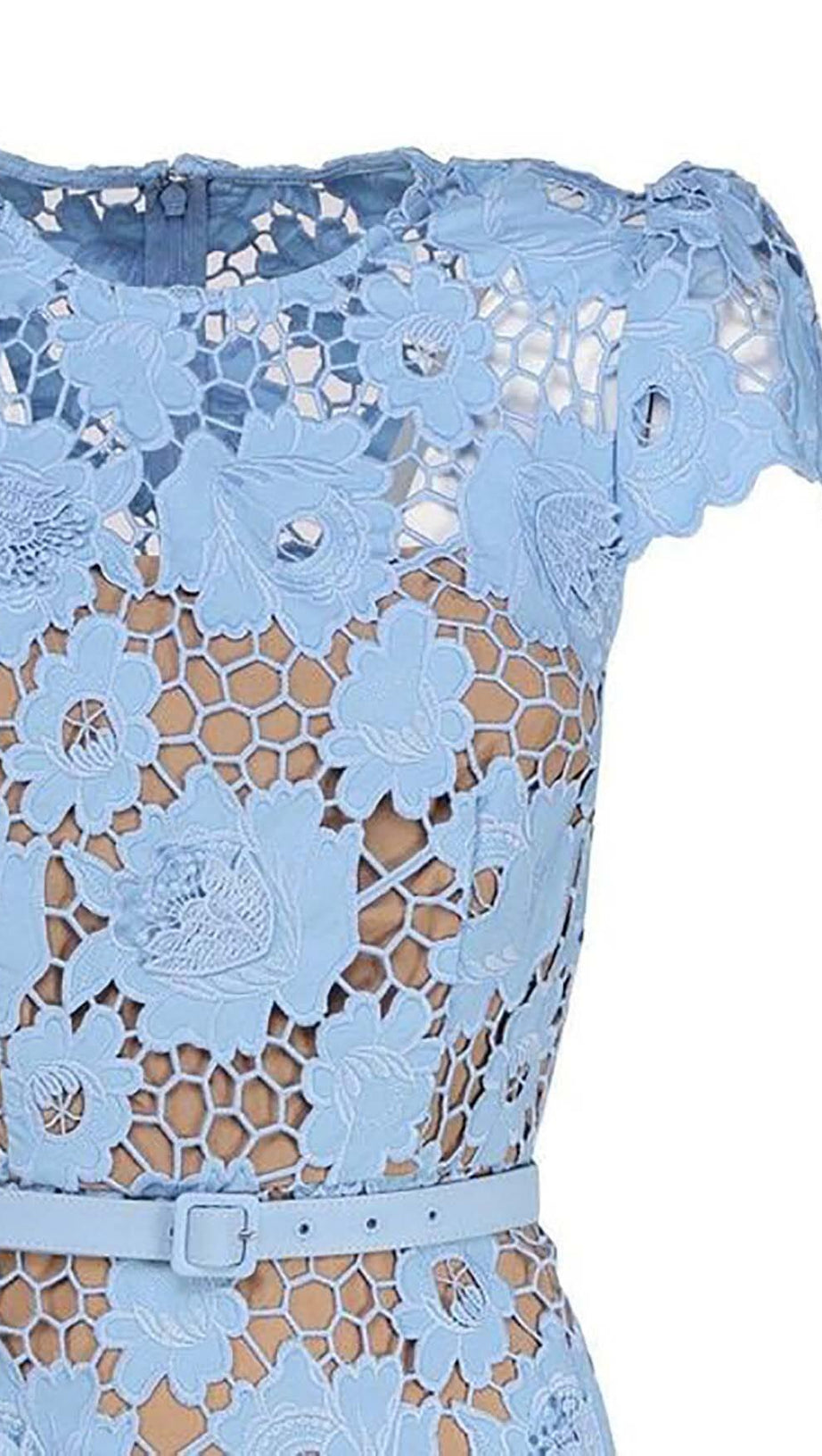 APPLIQUÉD FLORAL LACE MIDI DRESS IN BLUE