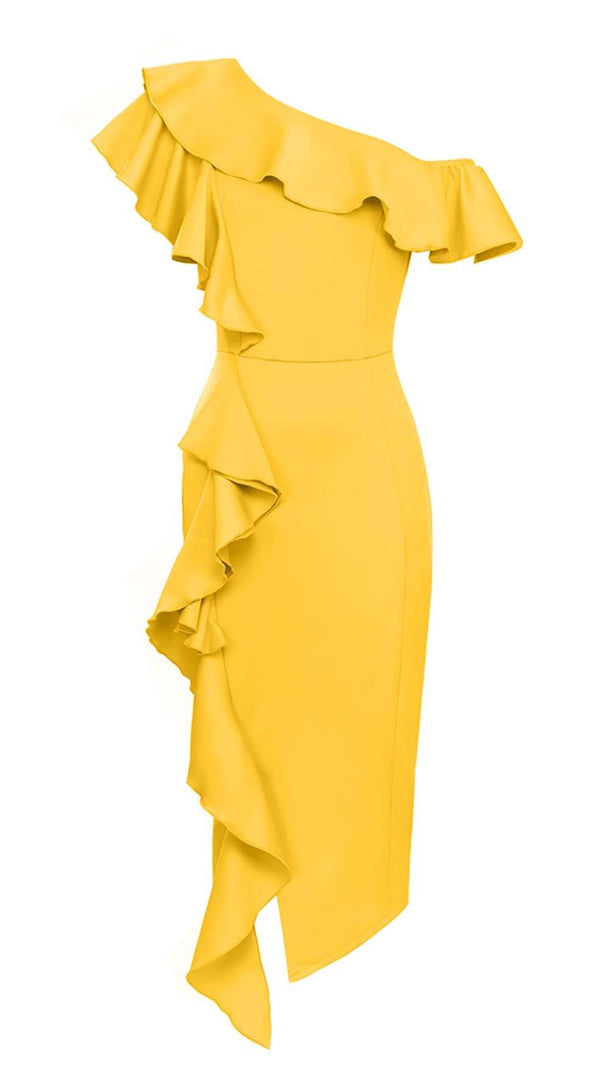 AIIZIE BODYCON RUFFLE MIDI DRESS IN APRICOT - product image
