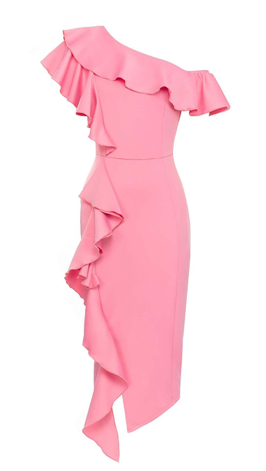 ABITO MIDI ADERENTE CON VOLANT ROSA