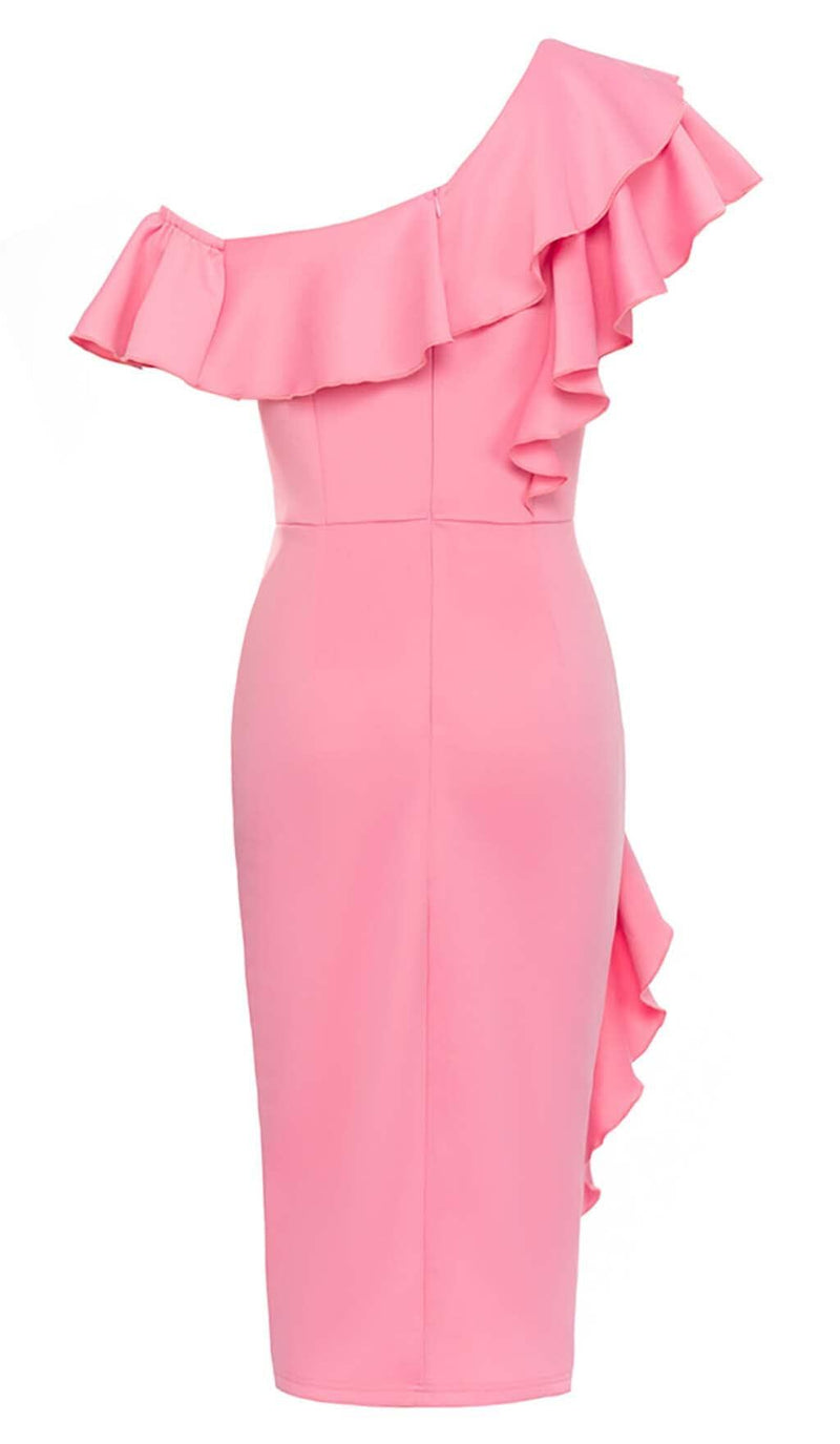 BODYCON RUFFLE MIDI DRESS IN PINK