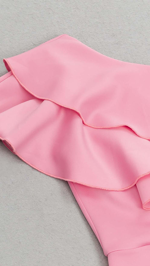 ABITO MIDI ADERENTE CON VOLANT ROSA