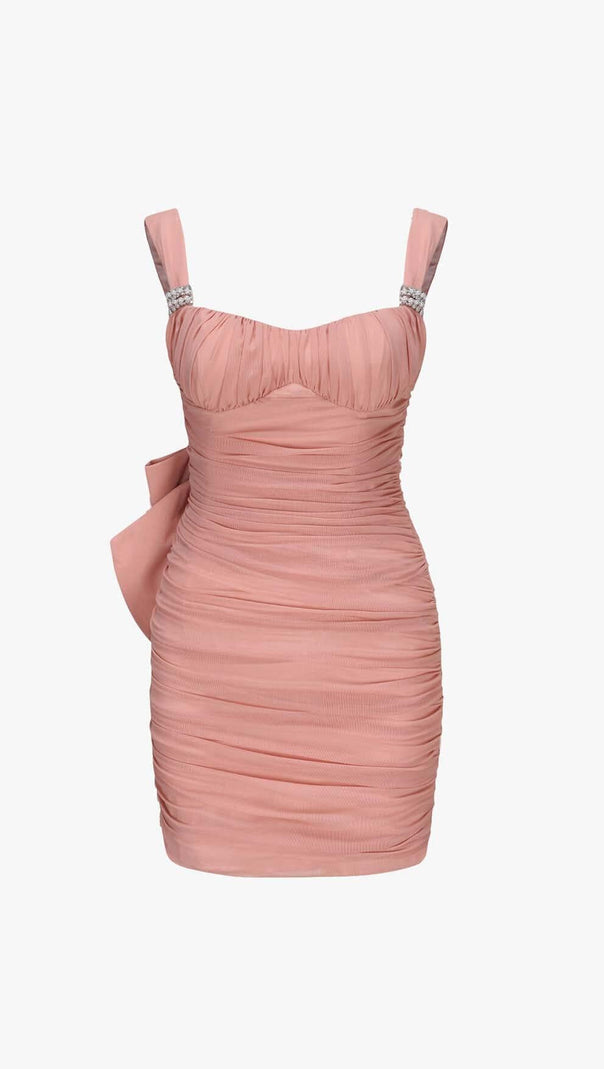AIIZIE BOW DETAIL PLEATED MINI DRESS WITH GLOVES IN PINK - product image