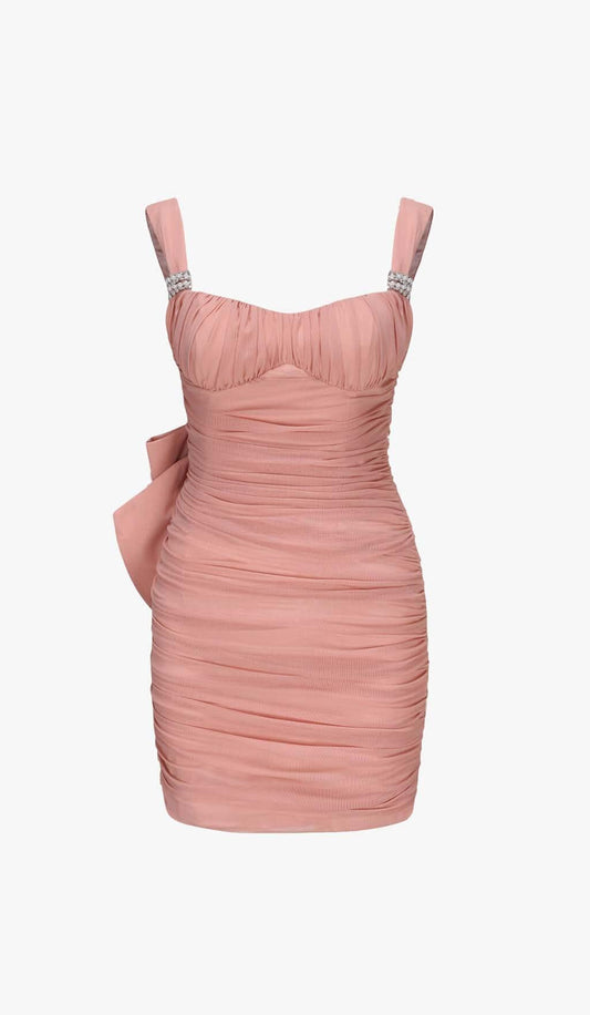 AIIZIE BOW DETAIL PLEATED MINI DRESS WITH GLOVES IN PINK - product image