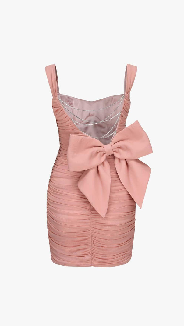 AIIZIE BOW DETAIL PLEATED MINI DRESS WITH GLOVES IN PINK - product image