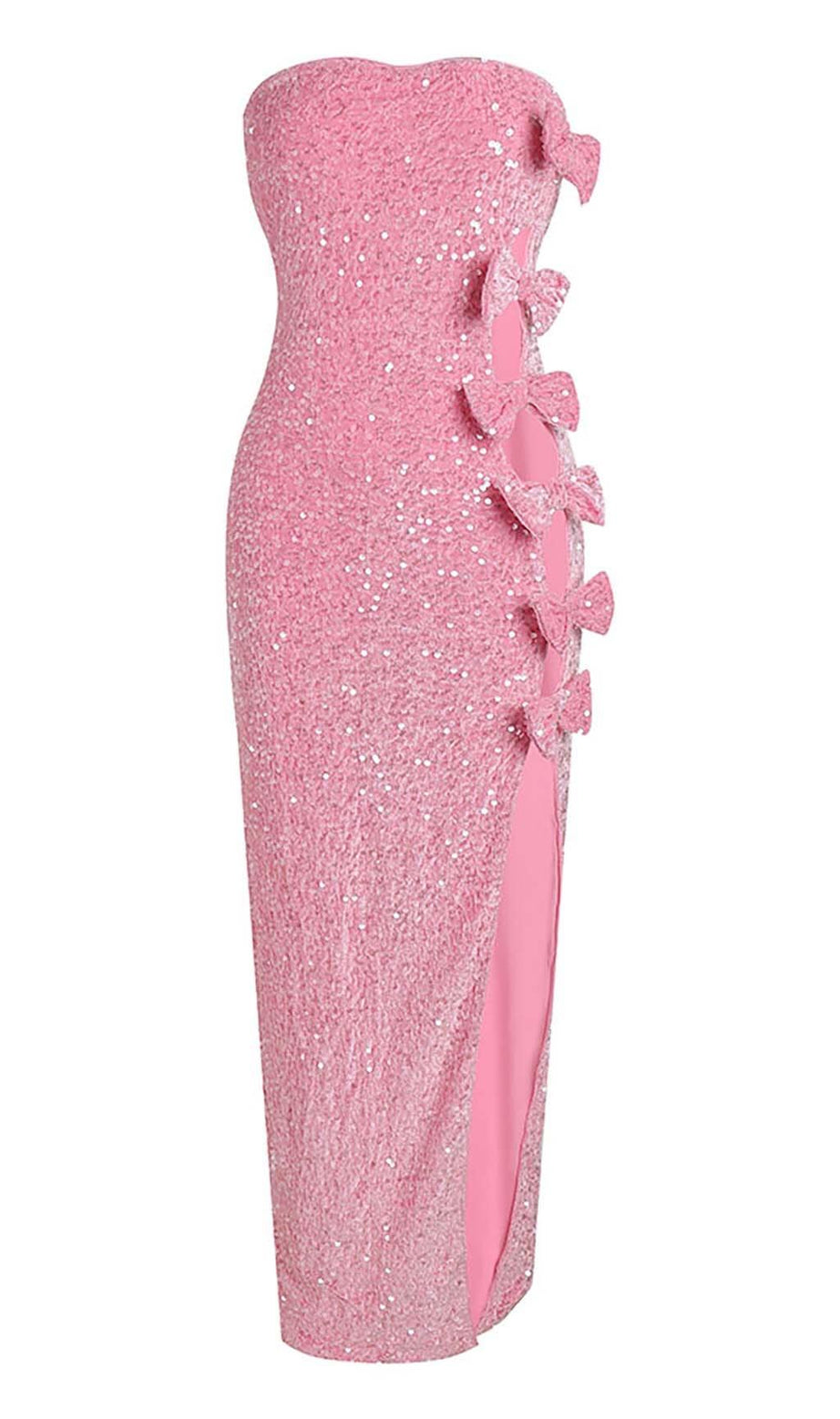 BOW DETAIL SEQUIN MAXI DRESS IN PINK