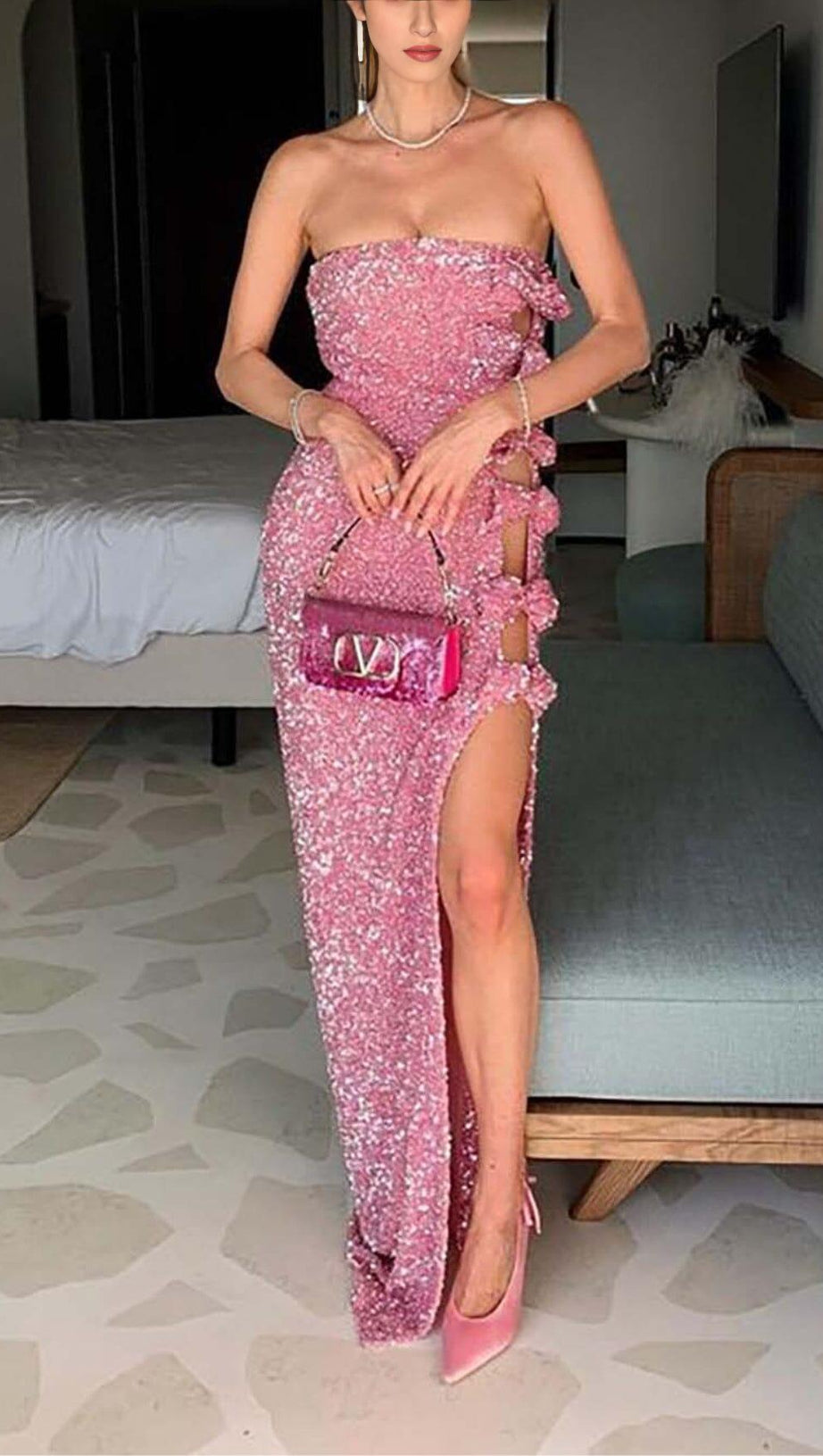 BOW DETAIL SEQUIN MAXI DRESS IN PINK