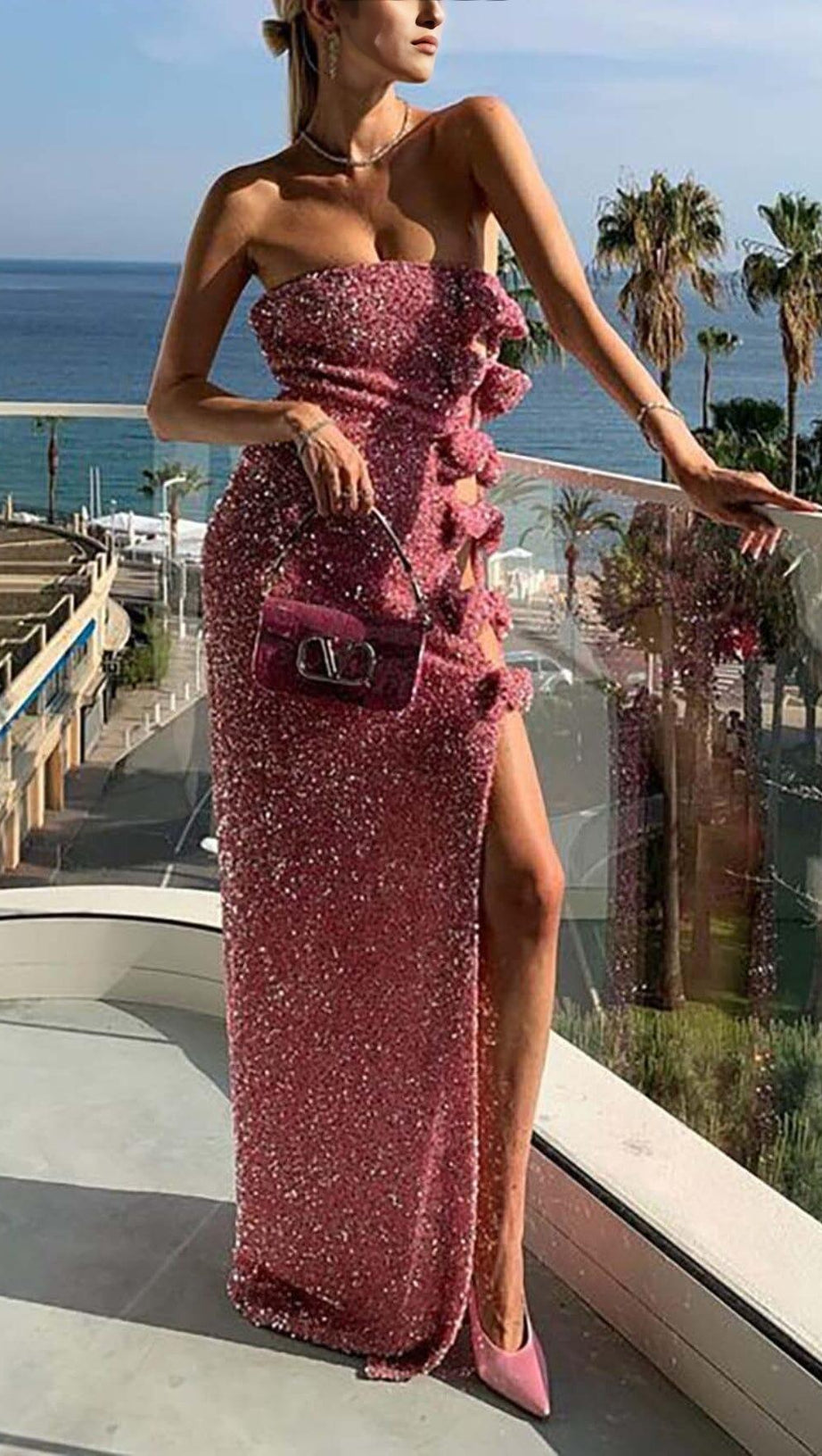 BOW DETAIL SEQUIN MAXI DRESS IN PINK