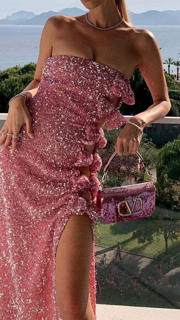 AIIZIE BOW DETAIL SEQUIN MAXI DRESS IN PINK - product image