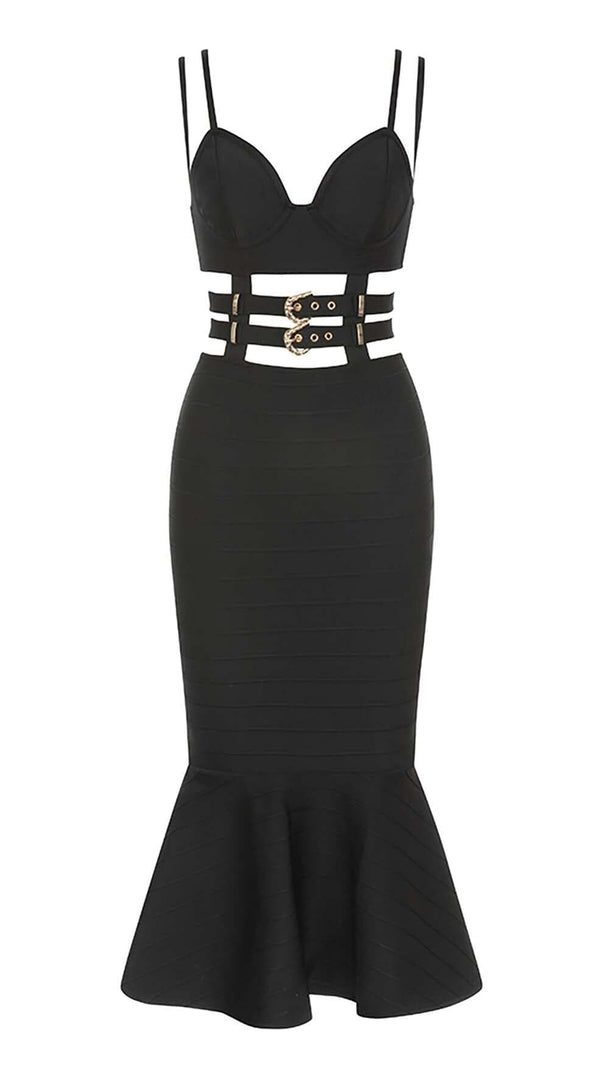 BANDAGE-MIDIKLEID MIT SCHNALLE IN SCHWARZ