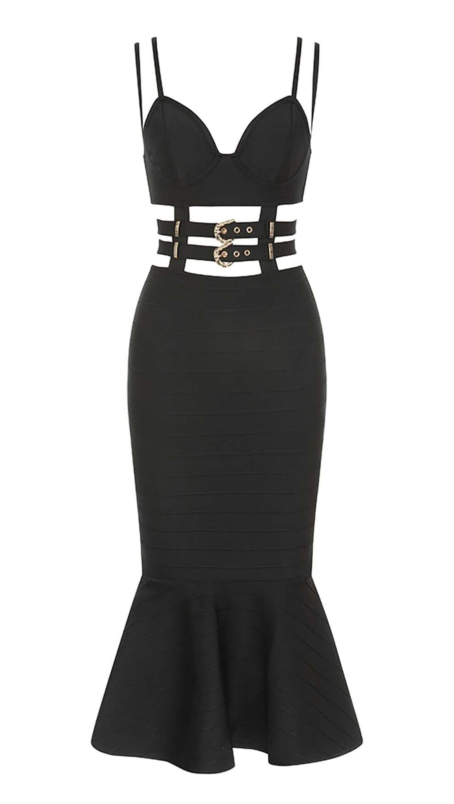 BUCKLE BANDAGE MIDI DRESS IN BLACK