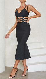 BUCKLE BANDAGE MIDI DRESS IN BLACK