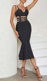 BUCKLE BANDAGE MIDI DRESS IN BLACK