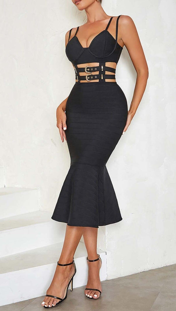 BANDAGE-MIDIKLEID MIT SCHNALLE IN SCHWARZ