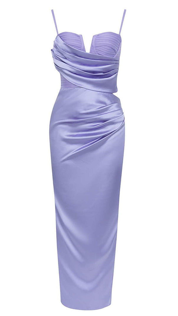 AIIZIE COWL NECK SATIN SPLIT THIGH MIDI DRESS IN ORCHID - product image