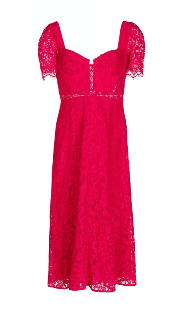 MIDIKLEID MIT KREPPTEXTUR UND SPITZE IN ROT
