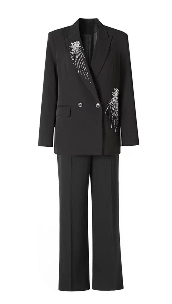 AIIZIE CRYSTAL EMBELLISHED CREPE SUIT SET IN BLACK - product image