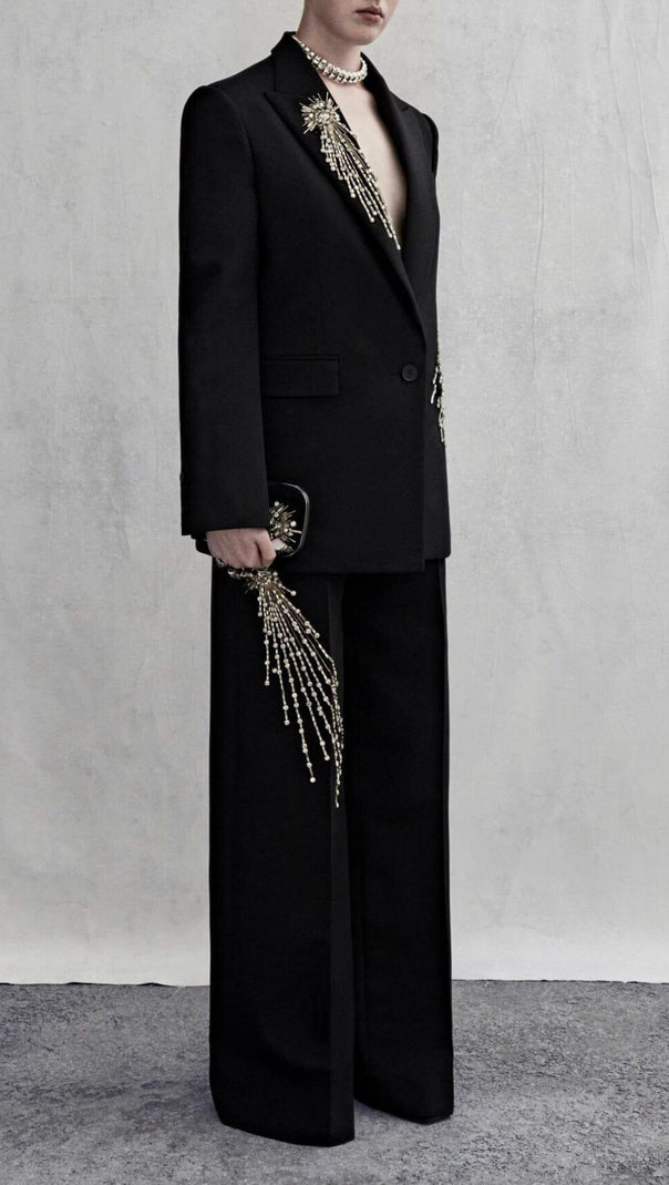 AIIZIE CRYSTAL EMBELLISHED CREPE SUIT SET IN BLACK - product image