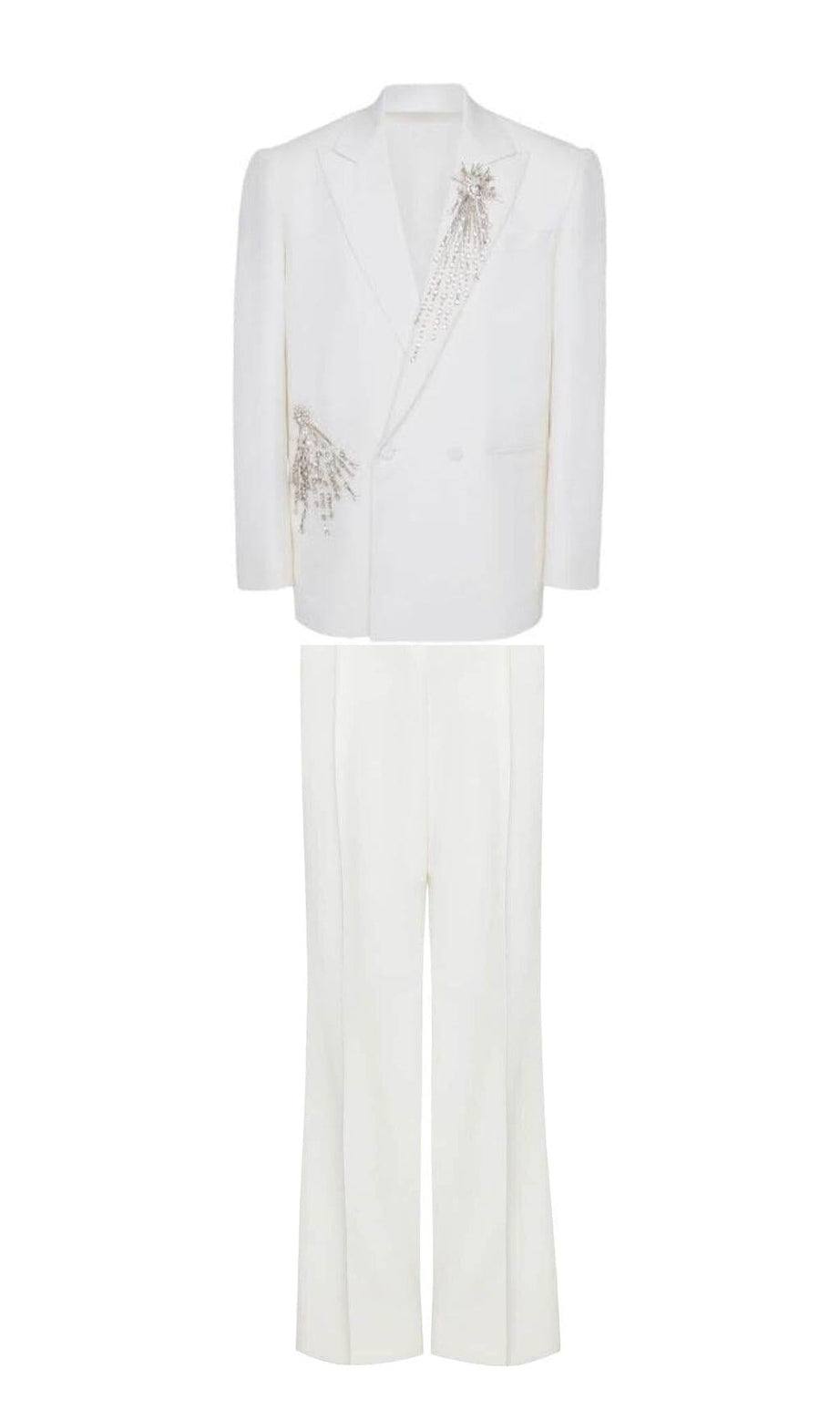 Completo in crepe bianco decorato con cristalli