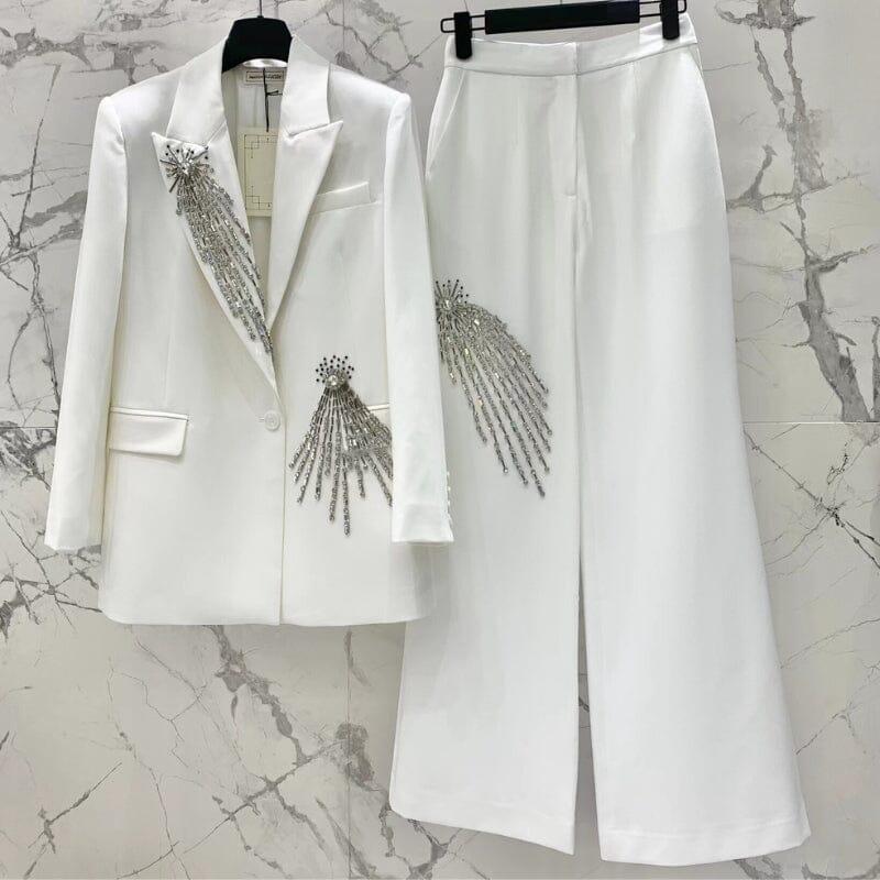 CRYSTAL EMBELLISHED CREPE SUIT SET IN WHITE