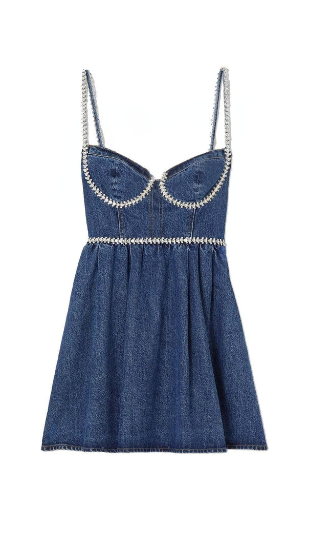 AIIZIE CRYSTAL-EMBELLISHED DENIM MINI DRESS IN BLUE - product image