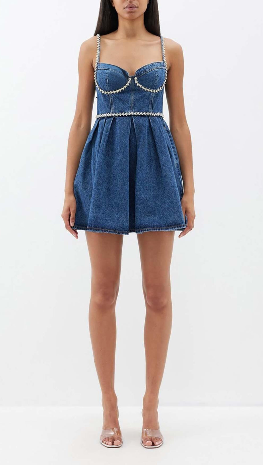 CRYSTAL-EMBELLISHED DENIM MINI DRESS IN BLUE