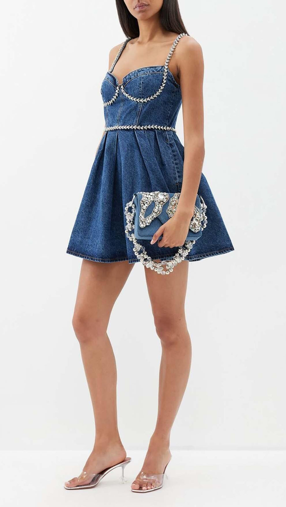 CRYSTAL-EMBELLISHED DENIM MINI DRESS IN BLUE