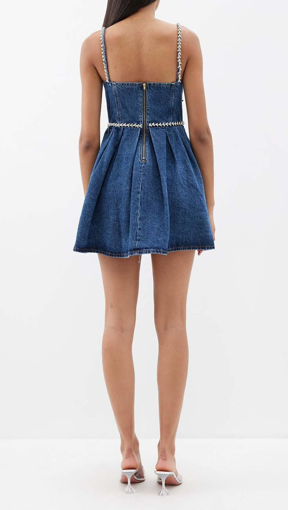 CRYSTAL-EMBELLISHED DENIM MINI DRESS IN BLUE