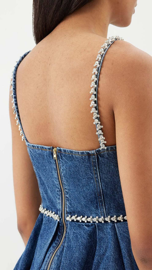 AIIZIE CRYSTAL-EMBELLISHED DENIM MINI DRESS IN BLUE - product image