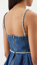 CRYSTAL-EMBELLISHED DENIM MINI DRESS IN BLUE