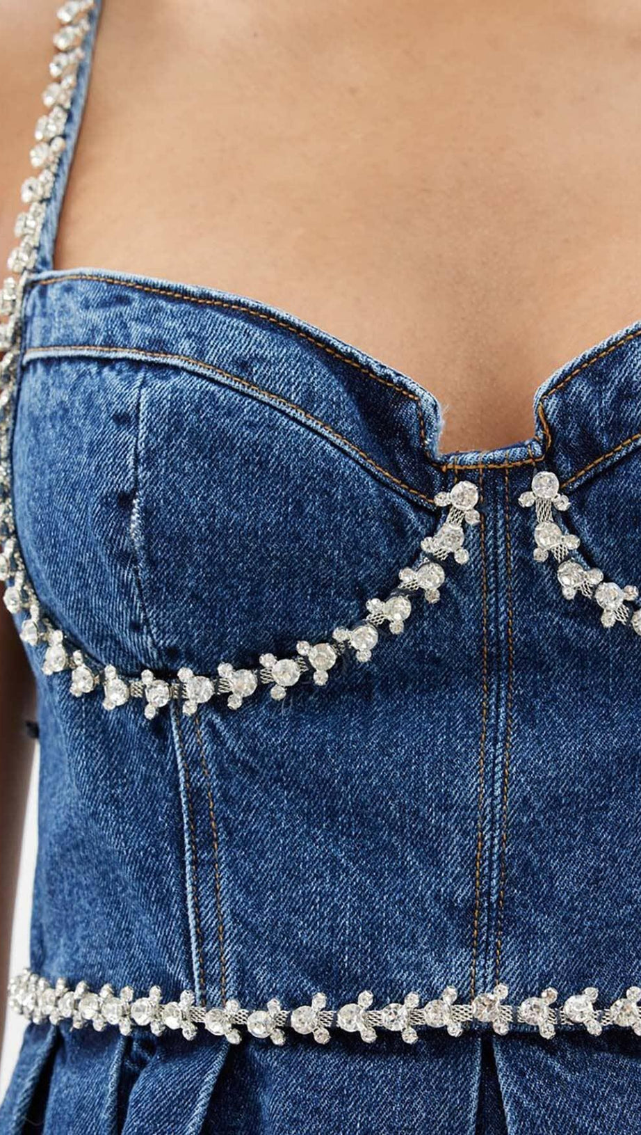 CRYSTAL-EMBELLISHED DENIM MINI DRESS IN BLUE