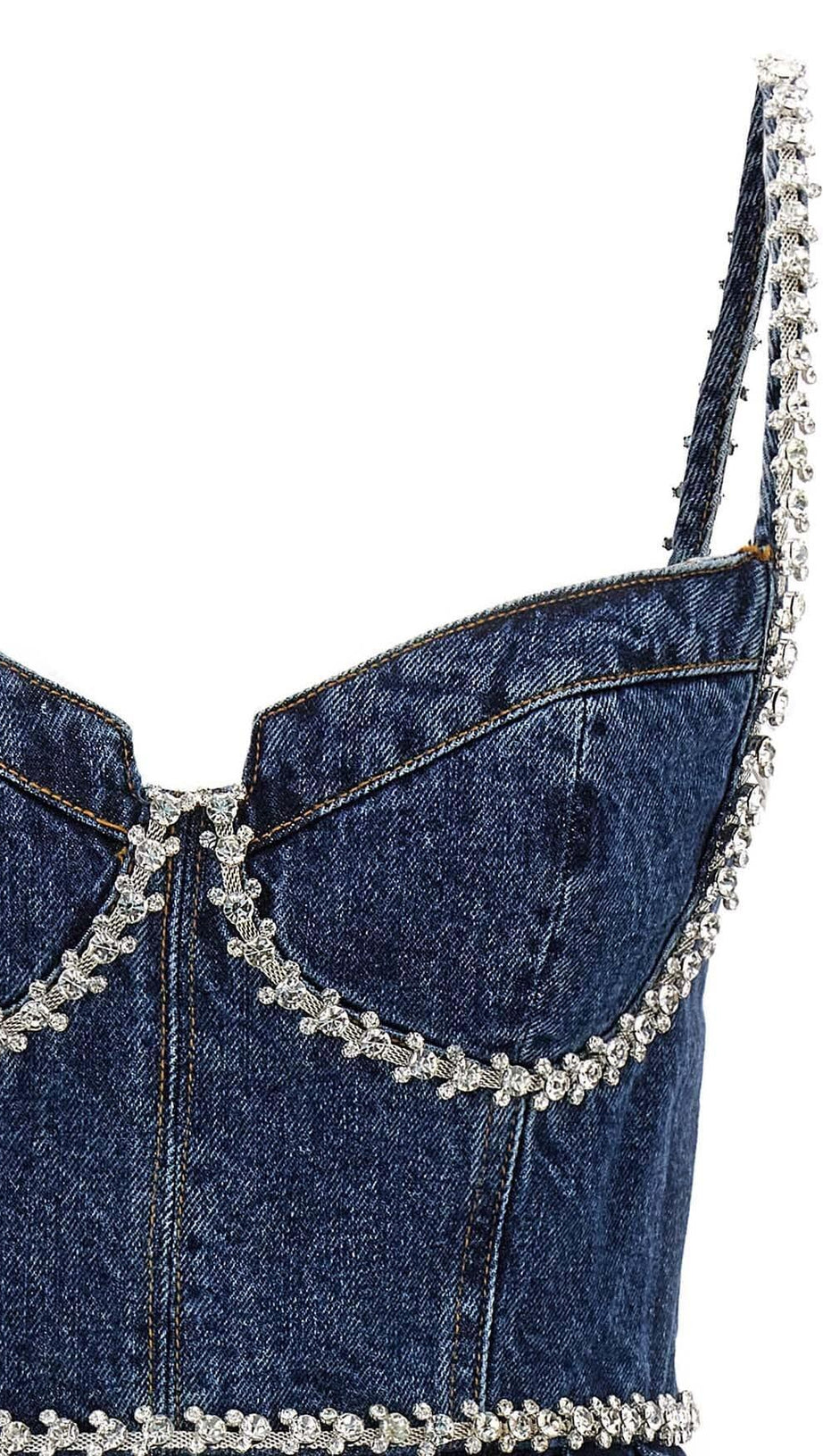 CRYSTAL-EMBELLISHED DENIM MINI DRESS IN BLUE